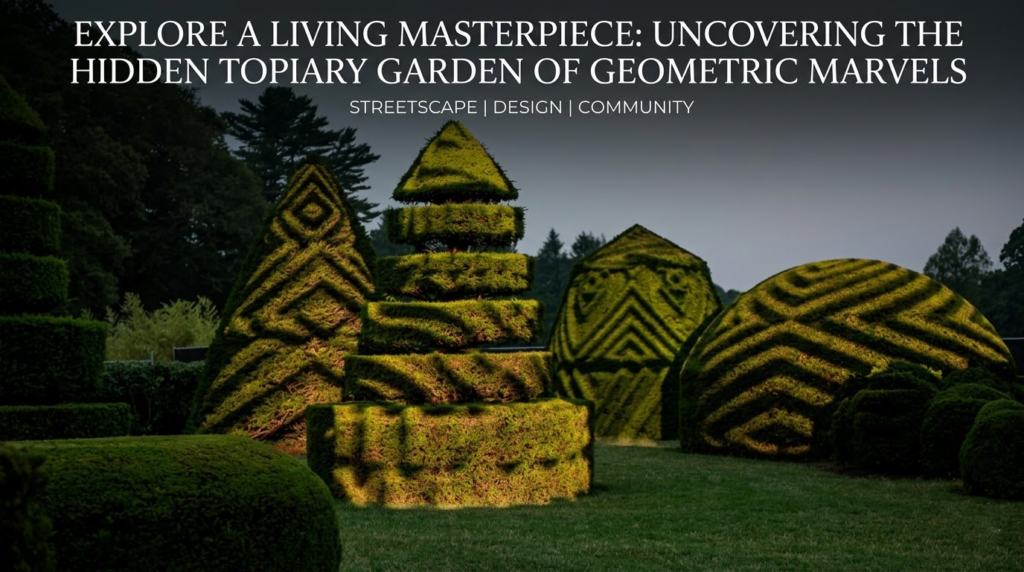 Unique geometric topiary sculptures in a garden setting with article text overlay