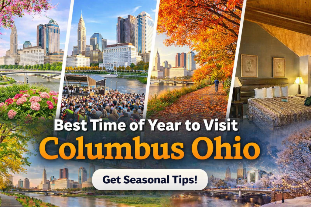 Best time to visit Columbus Ohio seasonal collage with skyline, fall foliage, summer festival, and cozy hotel room