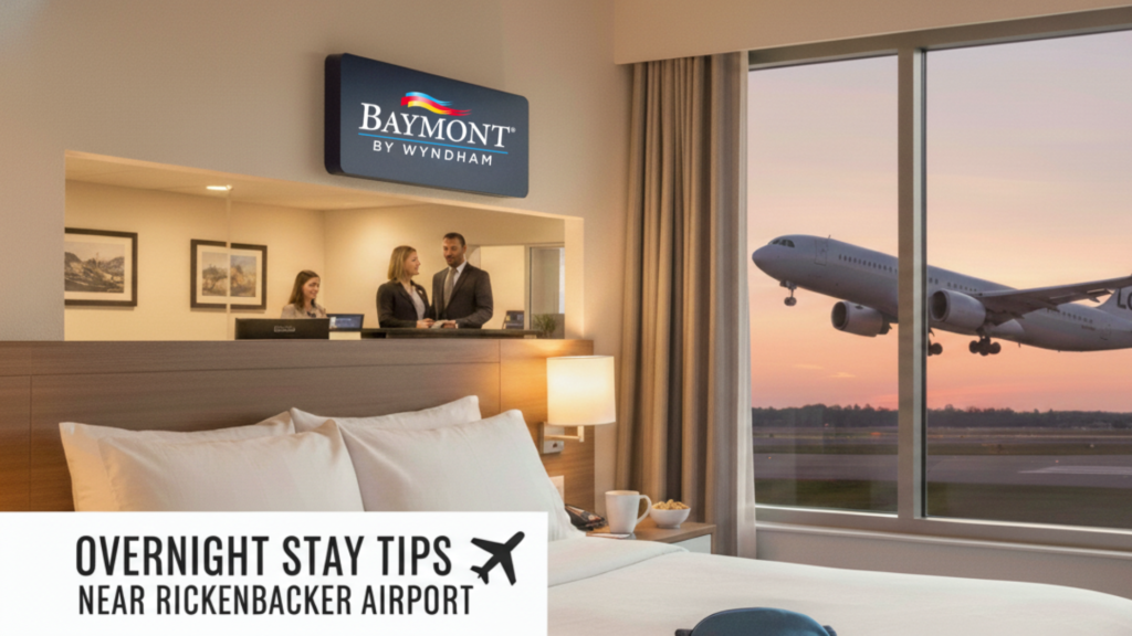 Comfortable Baymont by Wyndham hotel room with a view of an airplane taking off from Rickenbacker Airport at sunset, emphasizing overnight stay tips.