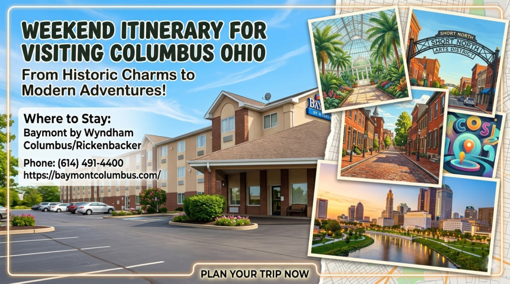 A vibrant travel collage for a Columbus Ohio weekend itinerary featuring the Baymont by Wyndham Rickenbacker hotel, the Scioto Mile skyline, and historic German Village.