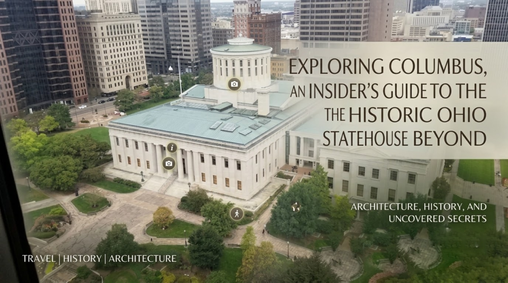 High-angle photo of the historic Ohio Statehouse in Columbus, with interactive text and icons overlay.