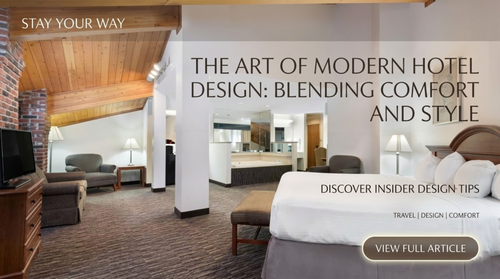 Multi-level open-concept hotel suite with exposed beams and brick.