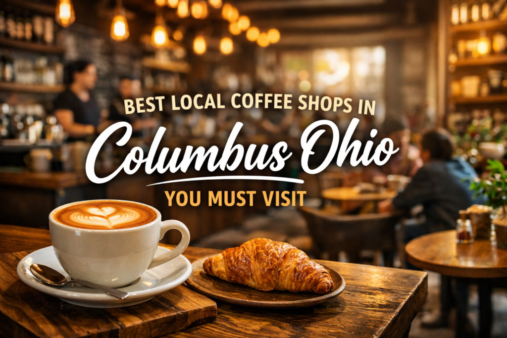 Cozy local coffee shop in Columbus Ohio with latte art and warm ambiance