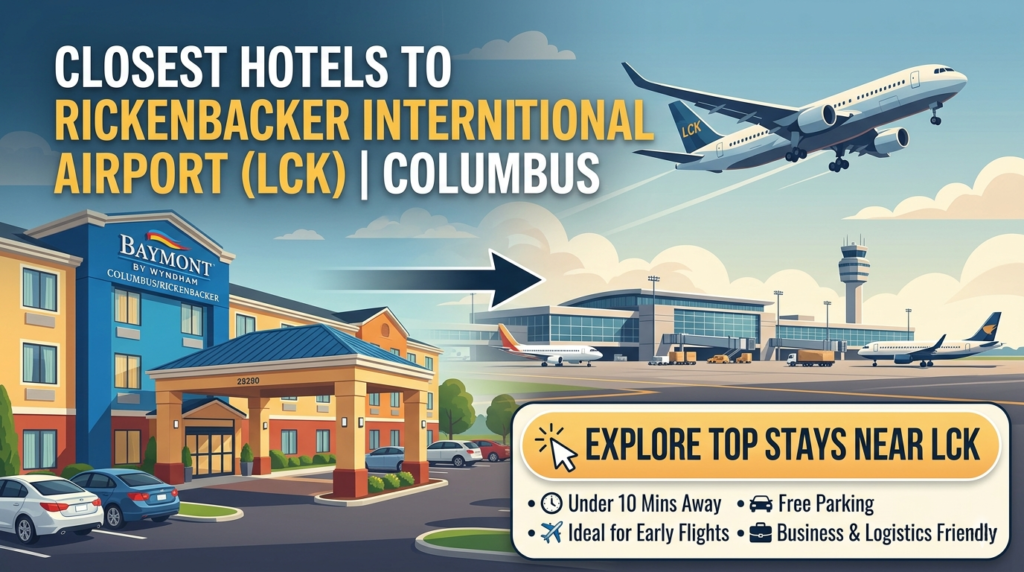 Closest hotels to Rickenbacker International Airport (LCK) featuring Baymont by Wyndham and an airplane taking off over the terminal.